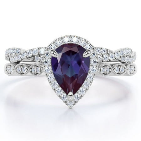 JeenMata Art Deco Filigree Milgrain - 1.5 Carat Almond Shaped Lab Created Alexandrite and Moissanite - Halo Pave Crossover Wedding Set - 18K White Gold Plating over Silver