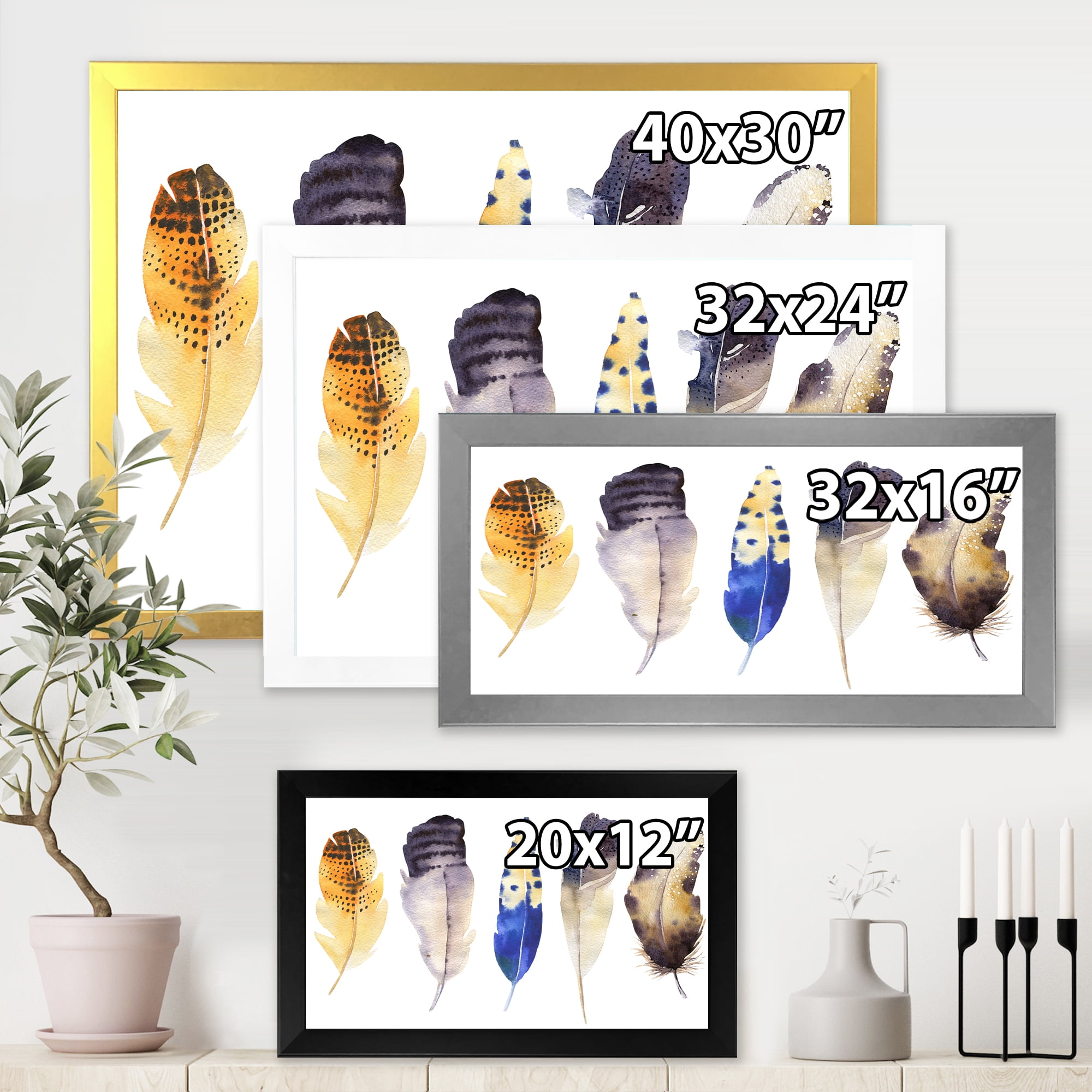 Designart 'Colourful Boho Art Feather Set I' Bohemian & Eclectic Framed Art Print