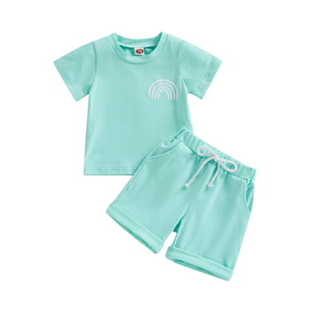 

Lieserram Toddler Baby Boys Girls Summer Outfits 6 12 18 24 Months 2T 3T 4T Rainbow Print T-Shirt + Knot Front Shorts Set