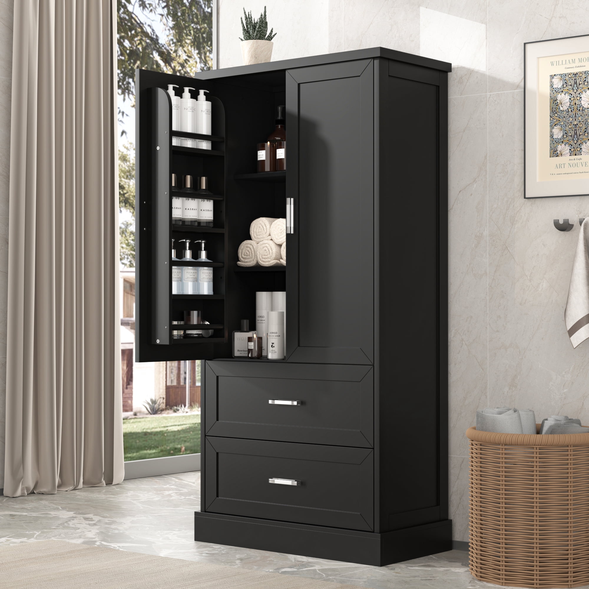 EUROCO Tall Bathroom Floor Storage Cabinet, Bathroom Storage Unit, Freestanding Cabinet with 2 Drawers and 2 Doors, Adjustable Shelf,Black