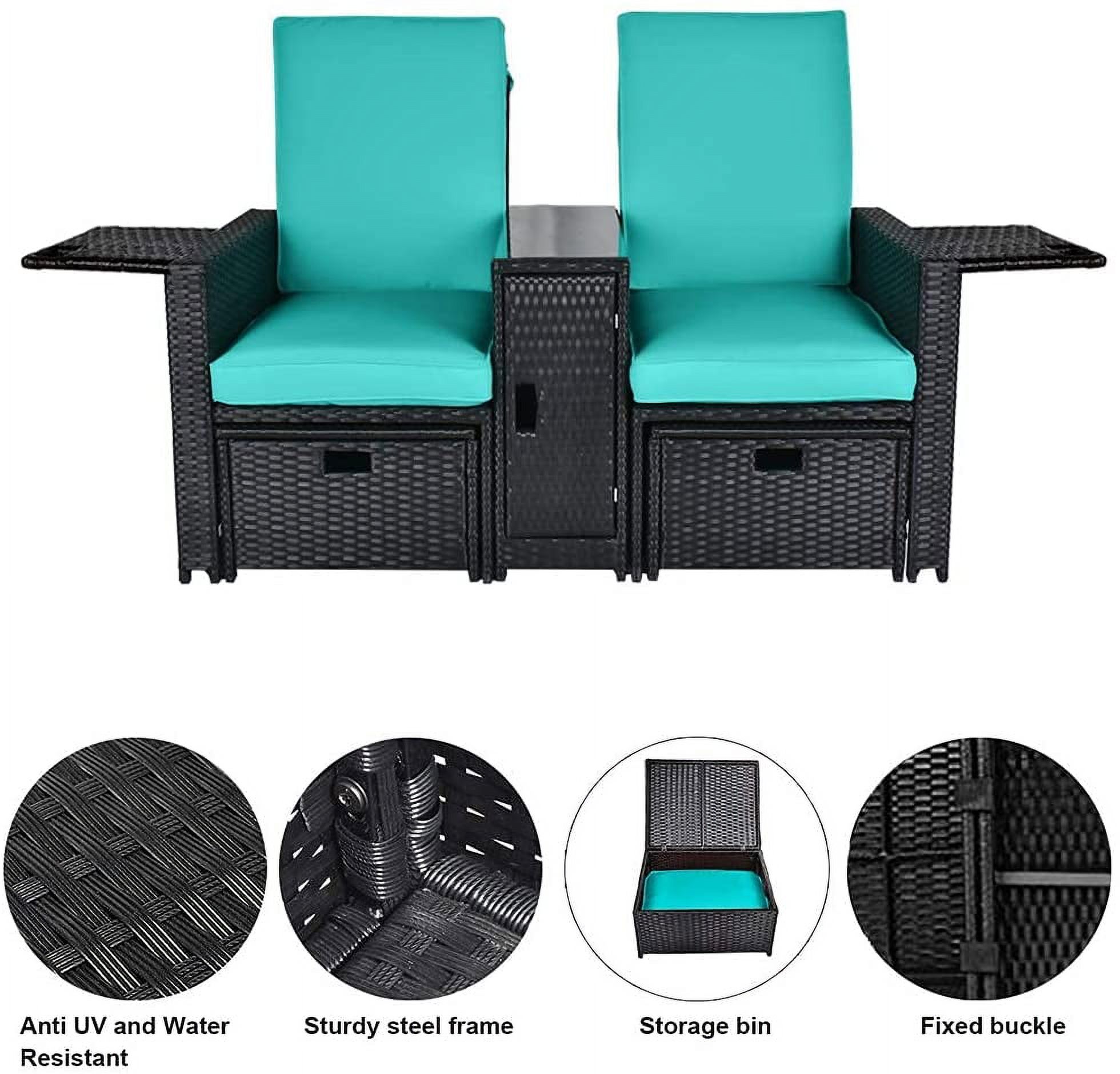 LVUYOYO 5pcs Patio Wicker Loveseat - Outdoor Rattan Sofa Set with Cushion - Adjustable Lounge Chair with Ottoman Footrest, Wicker Furniture for Garden, Patio, Balcony, Beach, Coffee Bar, Deck - image 5 of 8