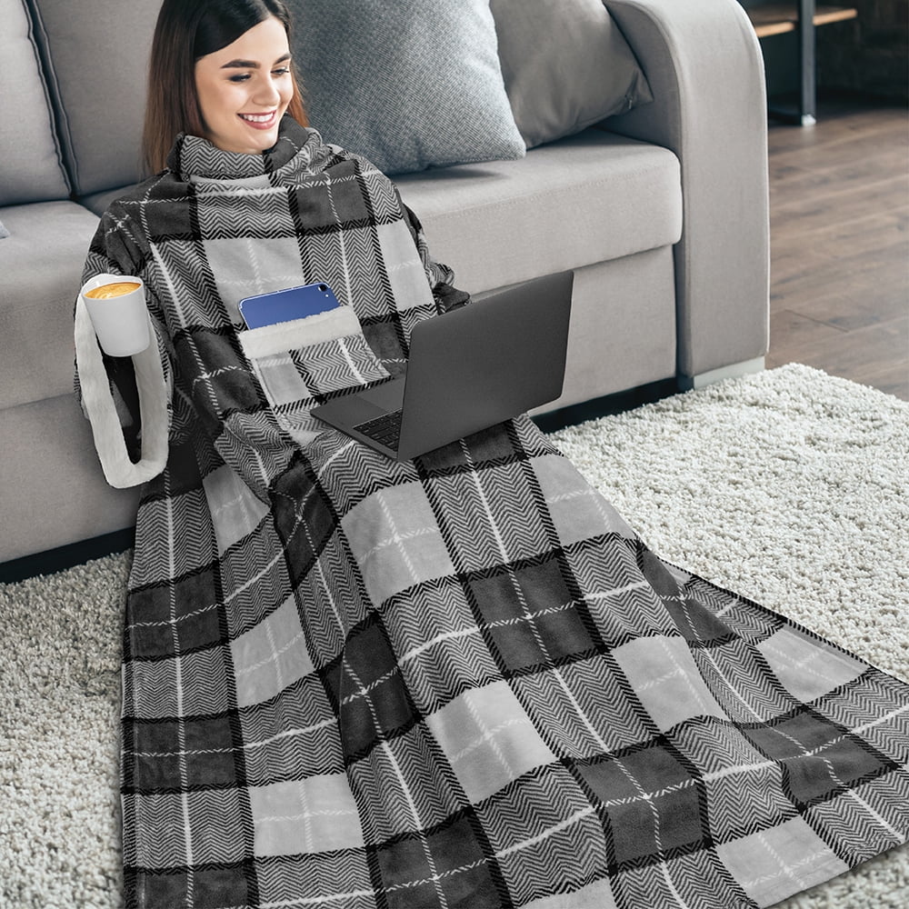 PAVILIA Fleece Blanket with Sleeves for Women Men Adults, Wearable Blanket  Warm Soft Plush, Hug Sleep Pod Snuggle Pocket Sleeved TV Throw Wrap, Cozy  White Elephant Gifts Ideas for Mom Wife, Plaid