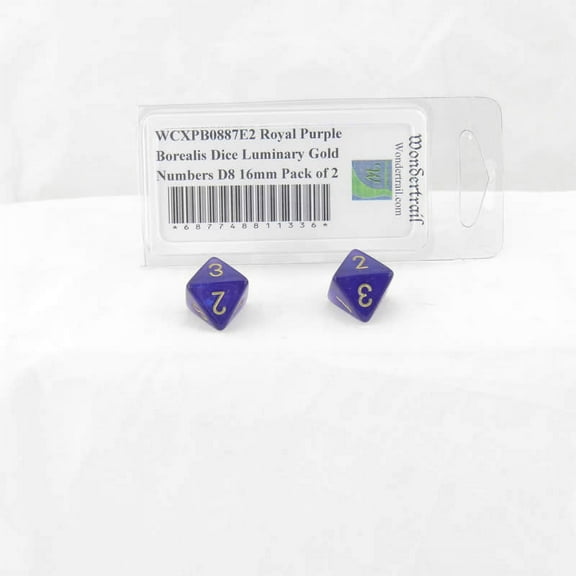 Royal Purple Borealis Dice Luminary with Gold Numbers D8 Aprox 16mm (5/8in) Pack of 2 Wondertrail