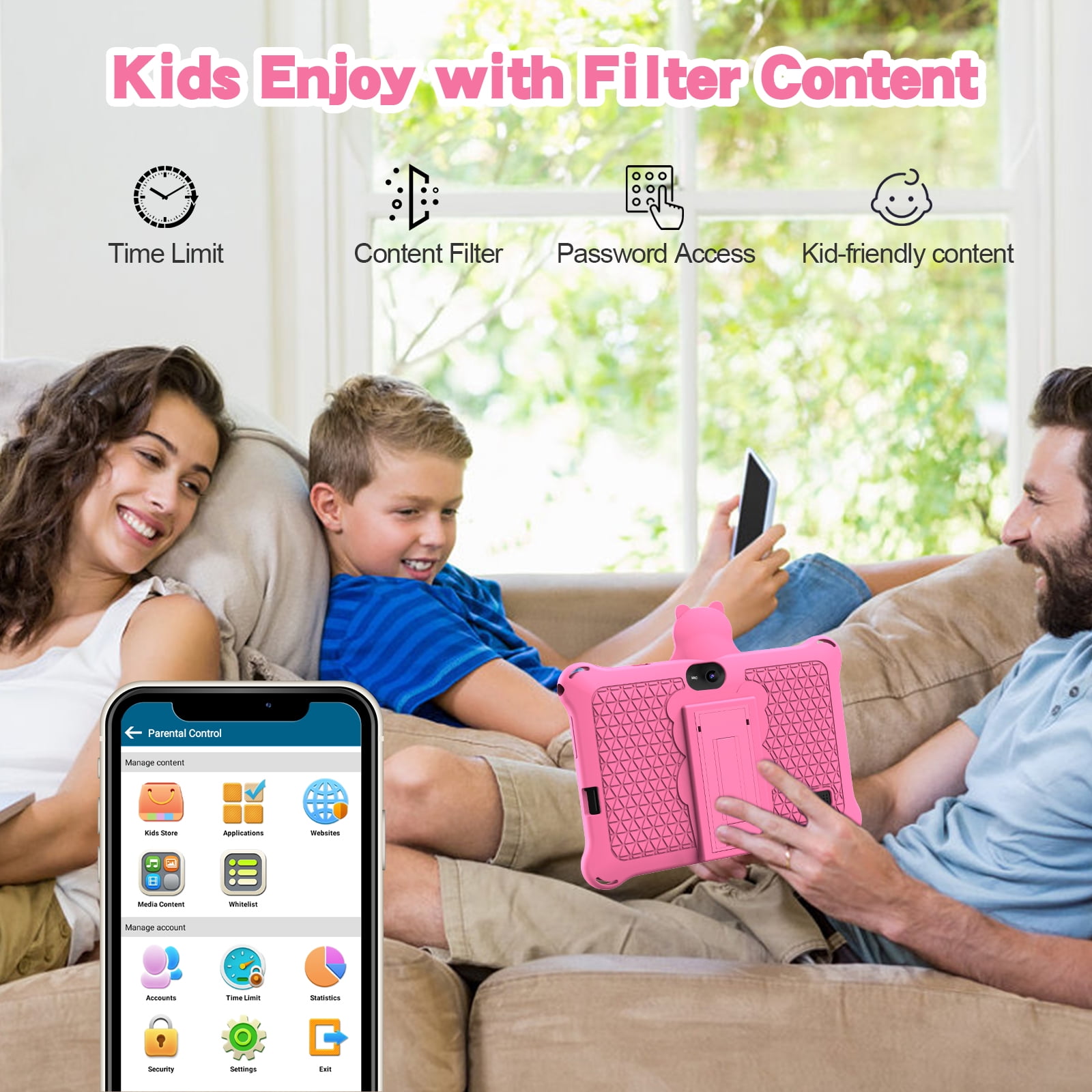 Kids Tablet 7 inch 32GB WiFi Android 13 Tablet For Kids| Bluetooth | Parental Control | Pre-Installed Learning Tablet Apps for Toddlers Children | with Shockproof Case(Pink)