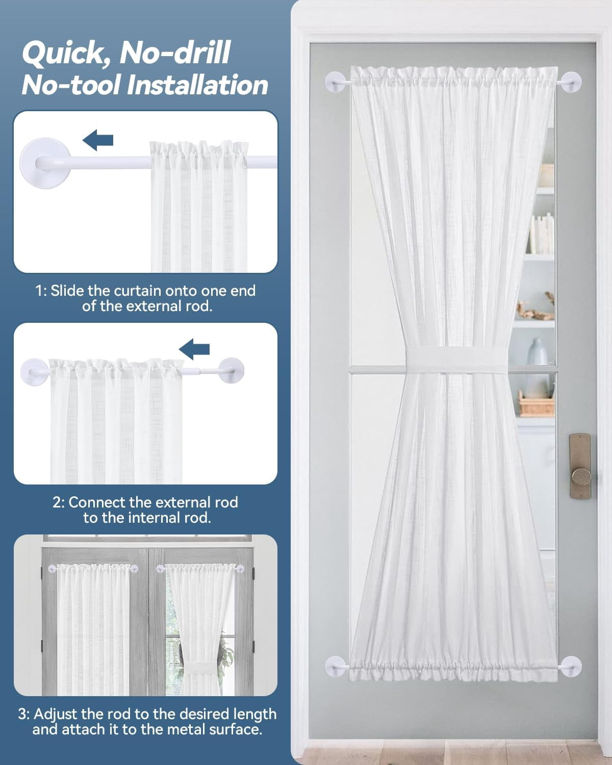 Sparklane -2 Pack Magnetic Curtain Rod for Metal Doors,French Door Magnetic Curtain Rods Adjustable from 18 to 30 Inch,3/8 Inch Diameter, Magnet Cafe Curtains Rod,No Tool and Easy Installation,White