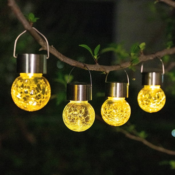 GIGALUMI Paquete de 8 luces solares colgantes, luces de decoración navideña con bola colgante de vidrio agrietado multicolor, luces solares para exteriores, linternas solares impermeables para jardín,