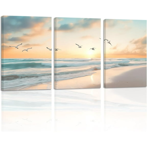 ZHONGYUTONG Sunset Beach Wall Art 3 Pieces Seagulls Flying Ocean Waves Pictures Seascape Paintings Prints Home Decor for Bathroom Living Room Framed (20.00" x 28.00" x 3PCS)