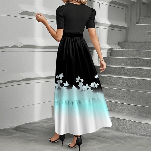 flowy birthday dresses for women Uocefik Summer Floral Short Sleeve Long Dresses Tie Belted Elegant Patchwork Boho a Line Dress Sky Blue L satin wedding dresses Chiffon Colors:Gold 811 polyester This dress is Burgundy Backless Lace Evening
