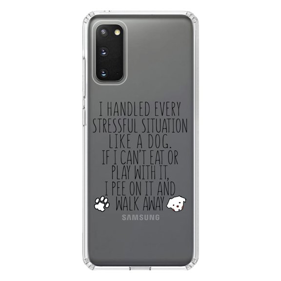 DistinctInk Clear Shockproof Hybrid Case for Galaxy S20 ULTRA / 5G (6.9" Screen) - TPU Bumper Acrylic Back Tempered Glass Screen Protector - Can't Eat or Play, Pee and Walk Away - Dog Lover