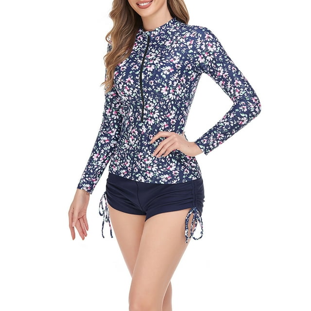 Aboser Rash Guard for Women Two Piece Surfing Swimsuit Printed Long Sleeve Bathing Suit Athletic Zip Front Swimwear Sun Protection Wetsuit with Shorts