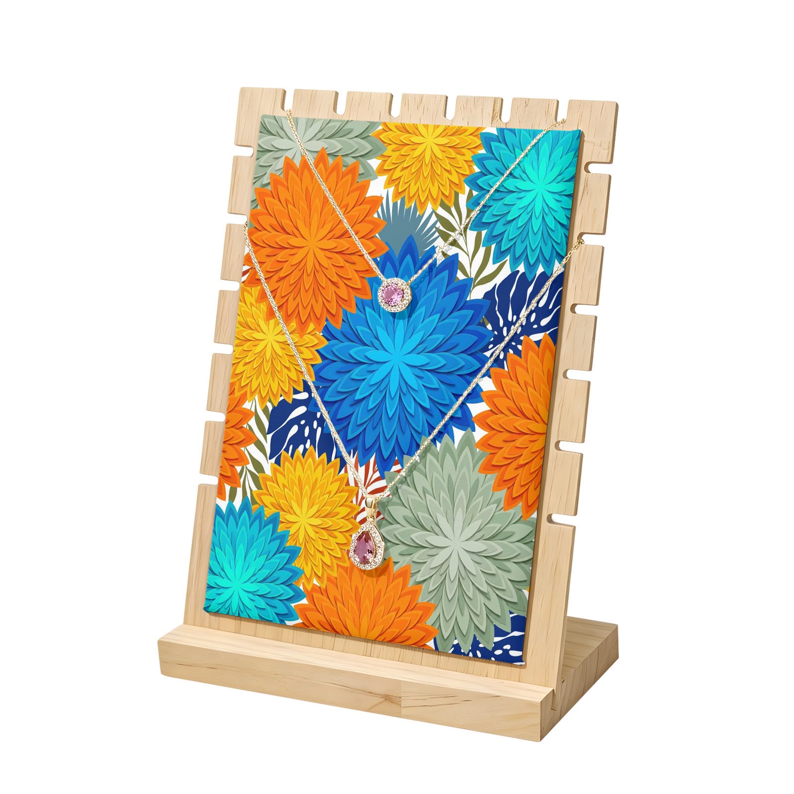 Necklace Display Stand Monochrome Blooms Wood Jewelry Displays Stands with PU Panel Rack Organizer Orange Blue Layered Petals Wooden Necklace Display Holder for Vendors Shop Show Tabletop Storage