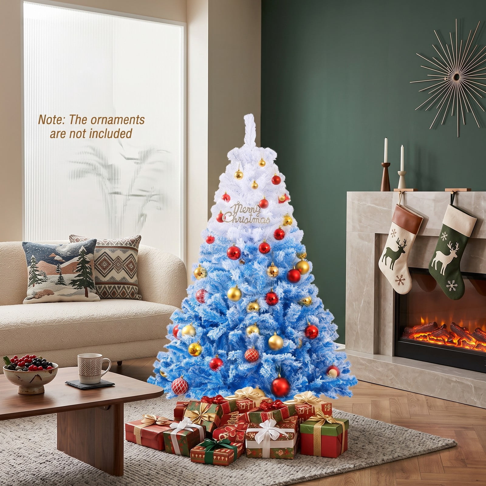 RUIE 5 FT Artificial Christmas Tree with 180 Warm White LED Lights and 8 Modes, Snow Flocked Hinged Prelit Xmas Tree with Foldable Metal Stand, White & Blue