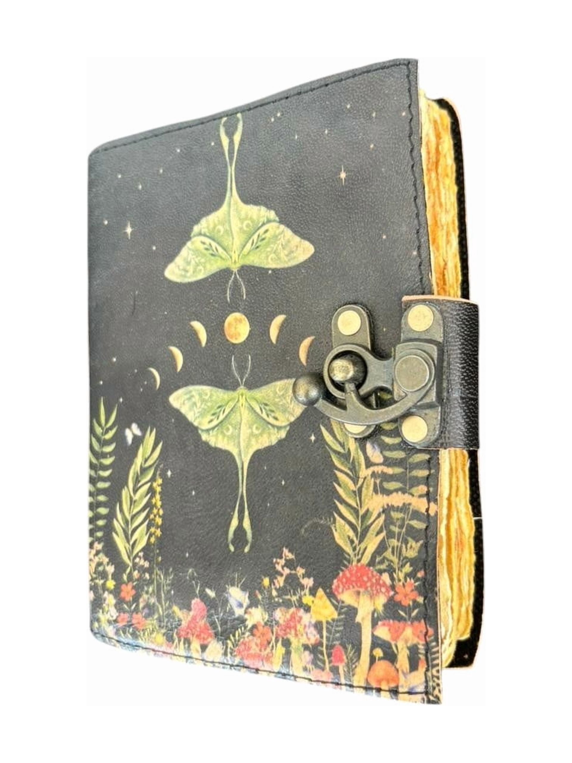 Handmade Leather Journal with Lock – Luna Moth & Moon Phase Design, Deckle Edge Paper, 5x7 Inch Vintage Diary