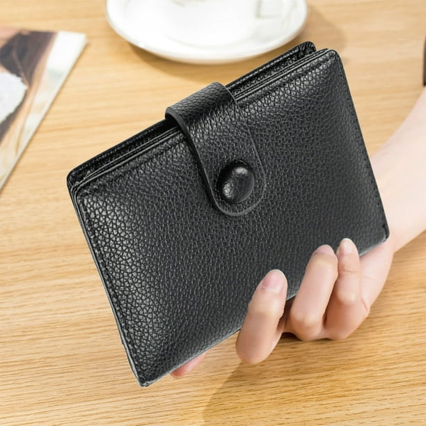 Portatarjetas de presentación | Estuche de cuero PU de gran capacidad - Múltiples ranuras para tarjetas | Organizador de identificación | Cierre seguro con hebilla | Acabado texturizado | Negro
