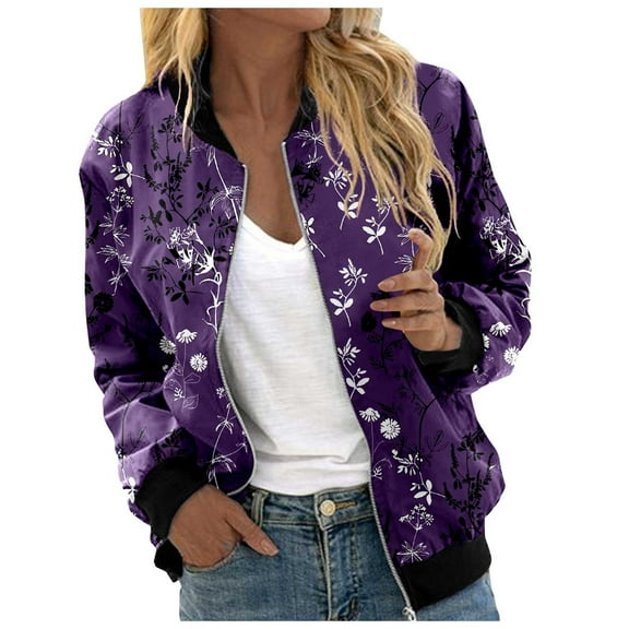 Jackets for Women Floral Print Bomber Vintage Long Sleeve Zipper Baseball Windbreaker Winter Clothes