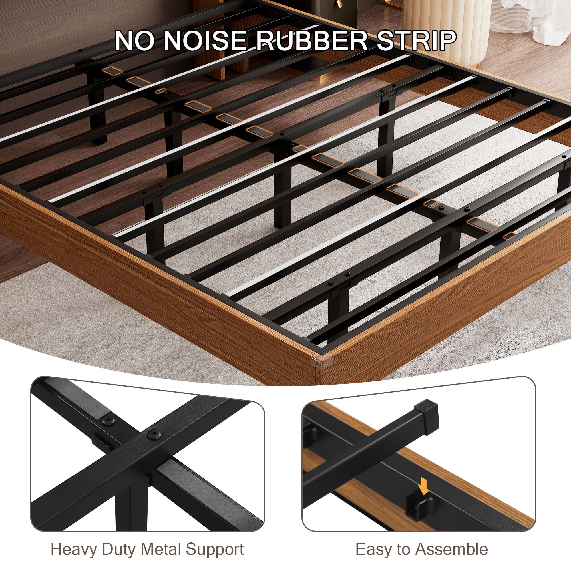 Einhomn Full Size Floating Bed Frame with  LED Lights & Charging Station,Wood Platform Bed Frame with Storage Headboard,Noise Free,No Box Spring Needed,Easy to Assemble-Walnut