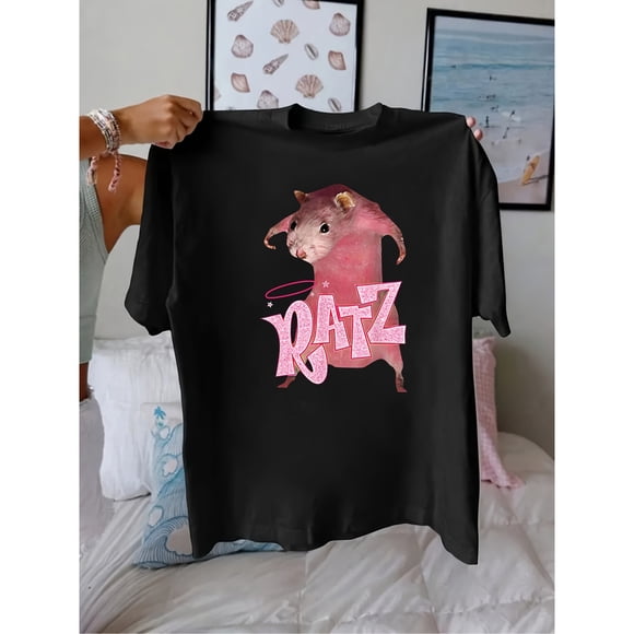 Camiseta Divertida Ratz con Estampado Humorístico, Manga Corta y Cuello Redondo, Top Casual para Mujer, Primavera y Verano