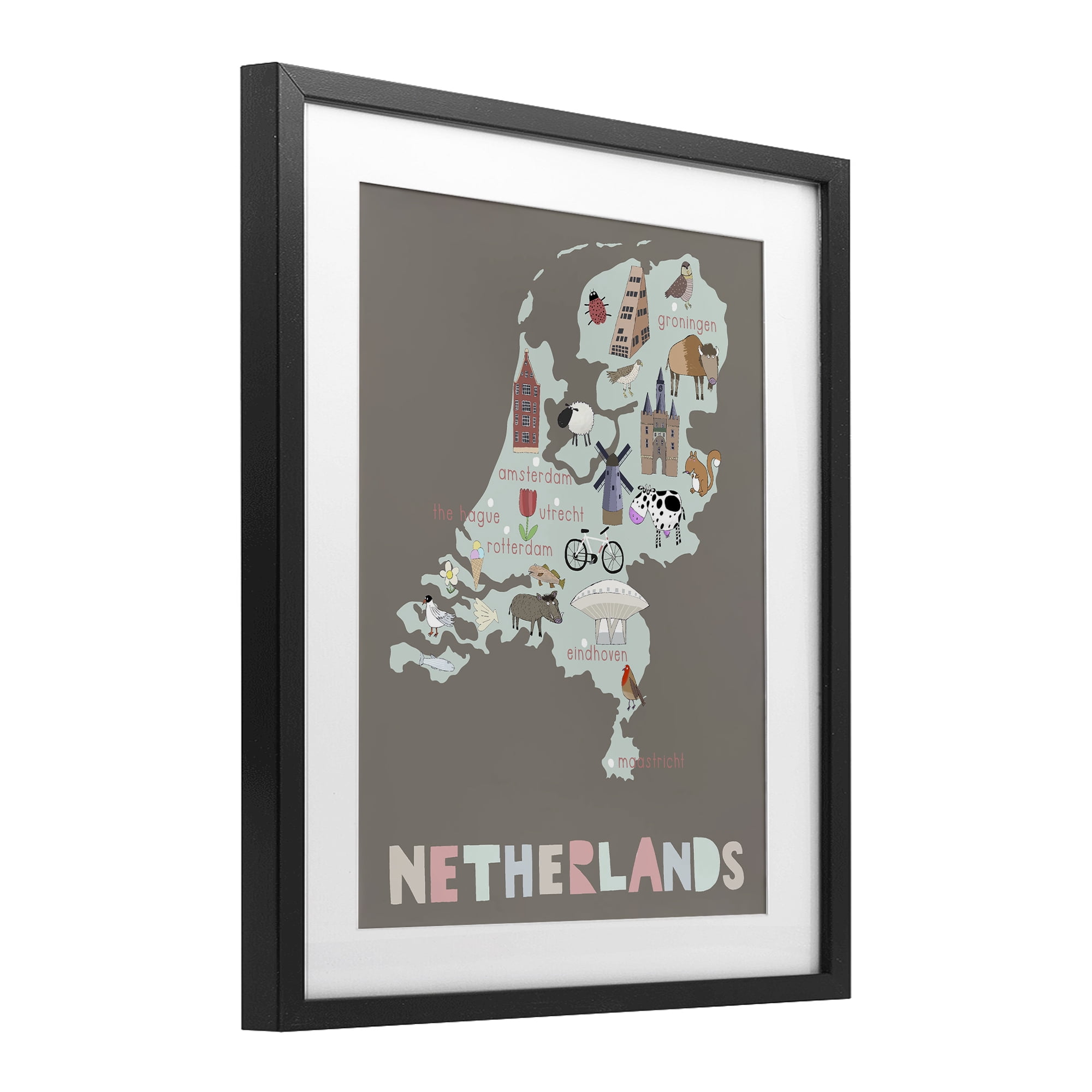 Kid's Map of Netherlands Black Framed Print Under Glass, design by Carla Daly