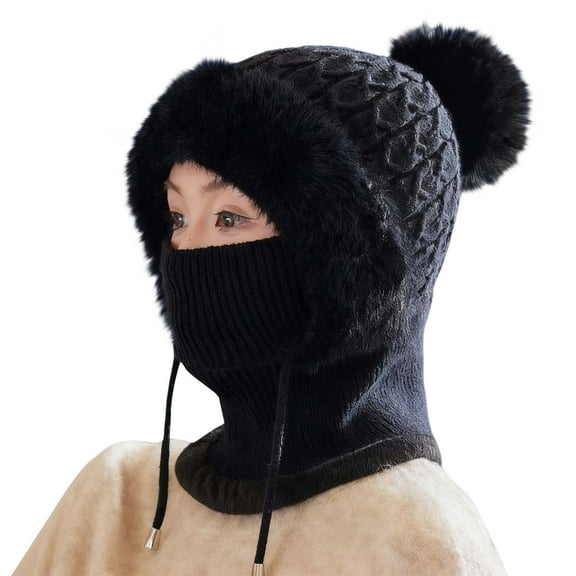 Trapper for Women Women'S Winter Plush Hat Scarf Integrated Warm And Cold With Thick Velvet Knit Pullover Woolen Black