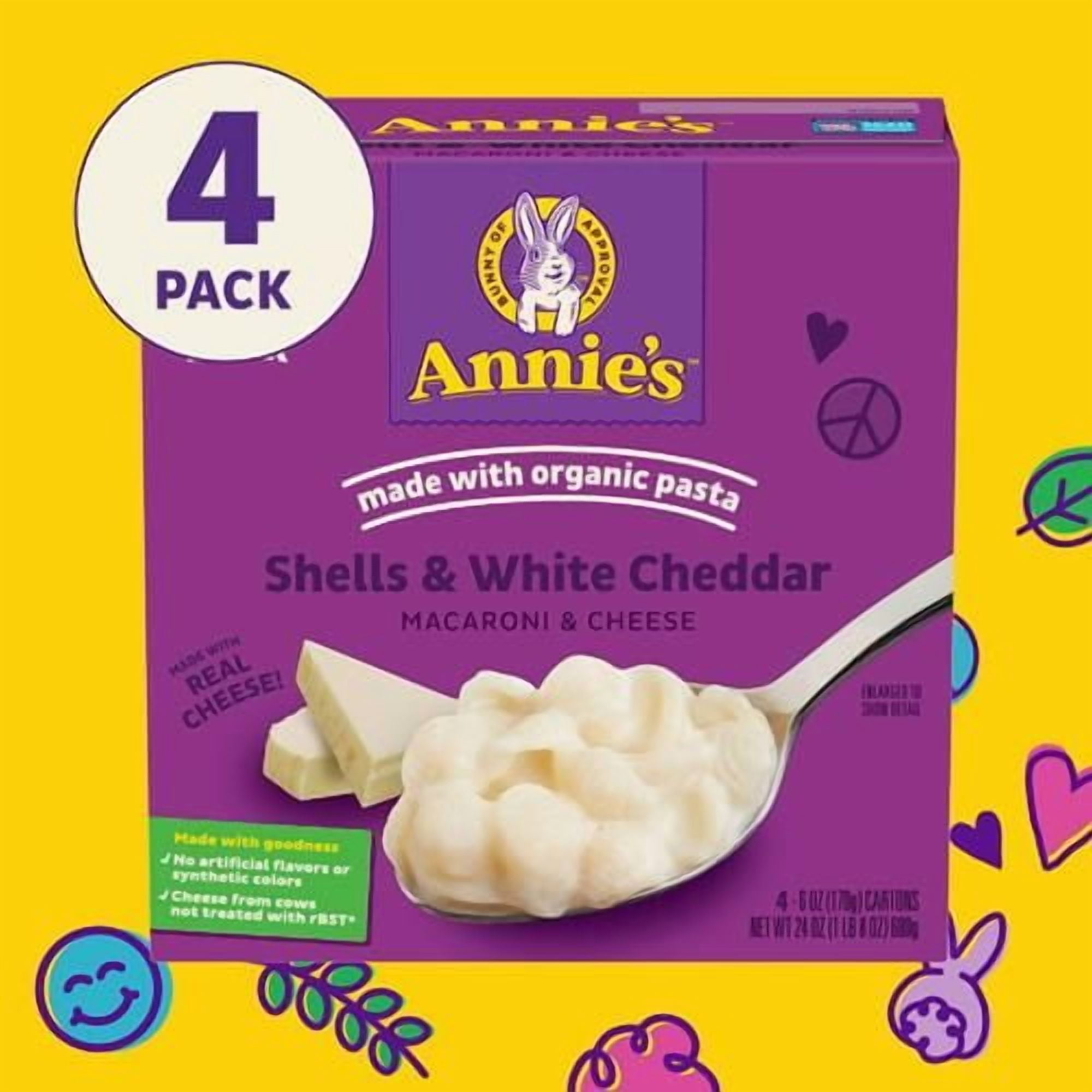 Annies Shells And White Cheddar Mac And Cheese With Organic Pasta, Dinner Side Or Snacks, 4 Ct, 24 Oz - Pack of 2