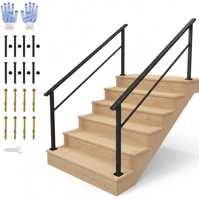 6-Step Outdoor Stair Handrail Kit Adjustable Black Aluminum and Iron Safety Railing for Porch Steps Easy Assembly Includes All Hardware and Gloves 2-Pack