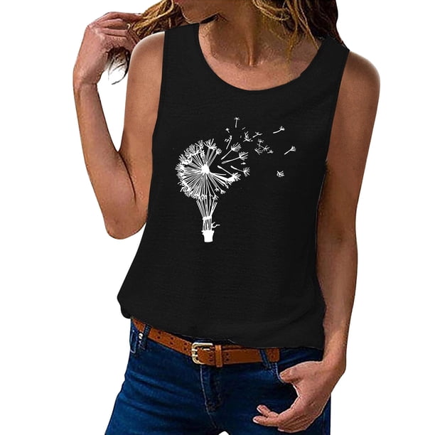 Camisetas sin mangas para las mujeres 2024 Camiseta sin mangas para mujer, camisetas de verano sin mangas, camiseta de vacaciones informal con gráfico de ramo de flores (Black, XL)
