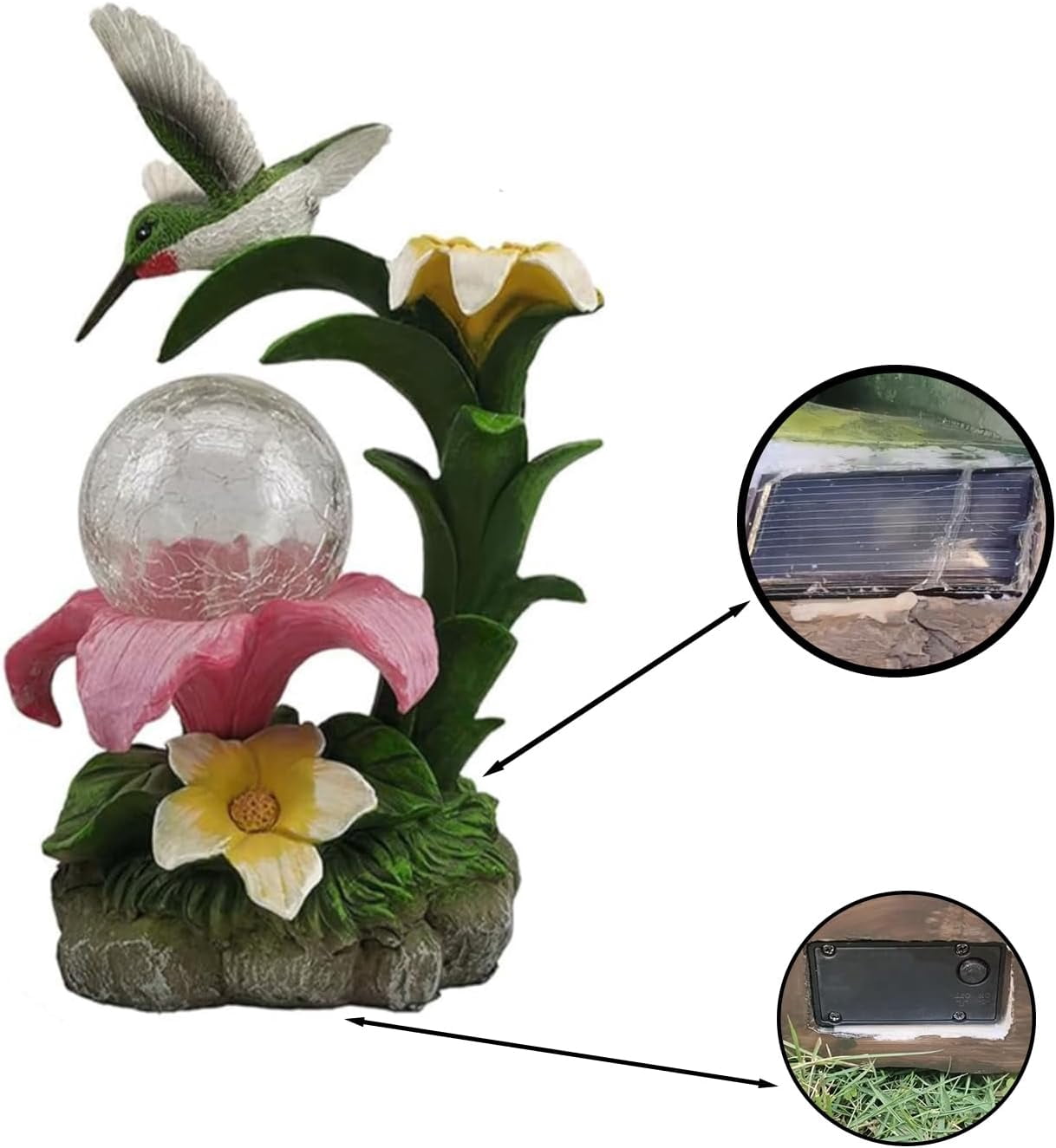 Resin Hummingbird Solar Light with Flower Garden Decorations,Waterproof Statues and Figurines Light Garden Art for Patio Lawn Yard Decorations (Resin Hummingbird Solar2)