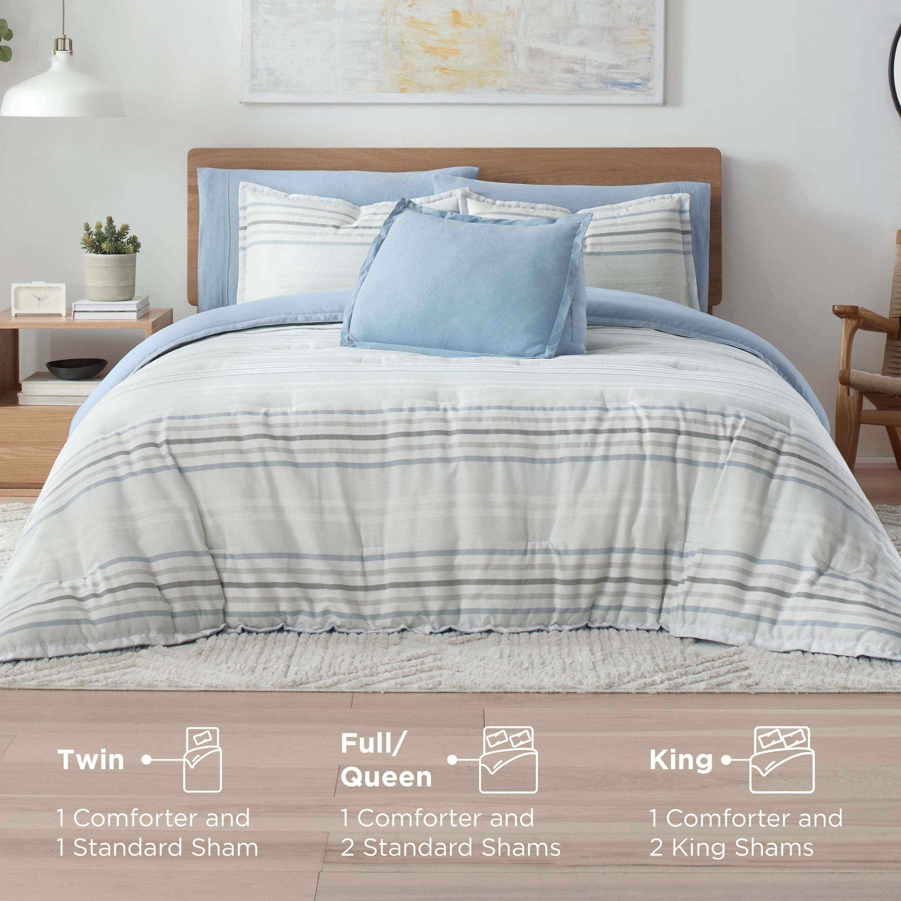 Vellux Bergen Striped 2-Piece Cotton Comforter Set, Down Alternative, Twin, Blue