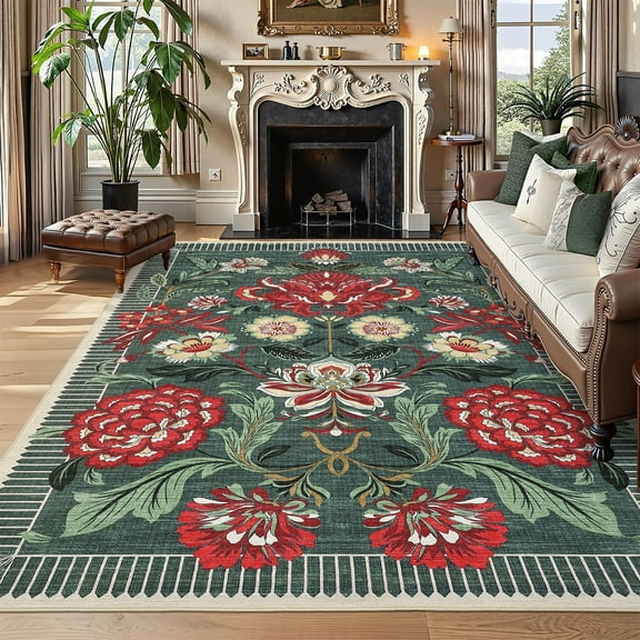 Garvee 5'x7' Vintage Floral Area Rugs Washable Rugs, Non-Slip Print Rug Low Pile Stain Resistant Indoor Carpet for Living Room Bedroom Home Office, Gray Green