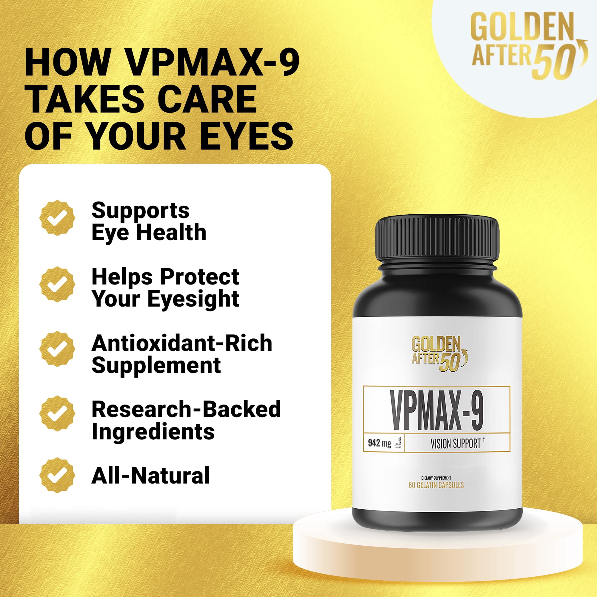 VpMax-9 Vision Support - Eye Vitamins and Bilberry Extract for Eyes - Vision Formula With Vitamin A and Zinc Quercetin by Golden After 50