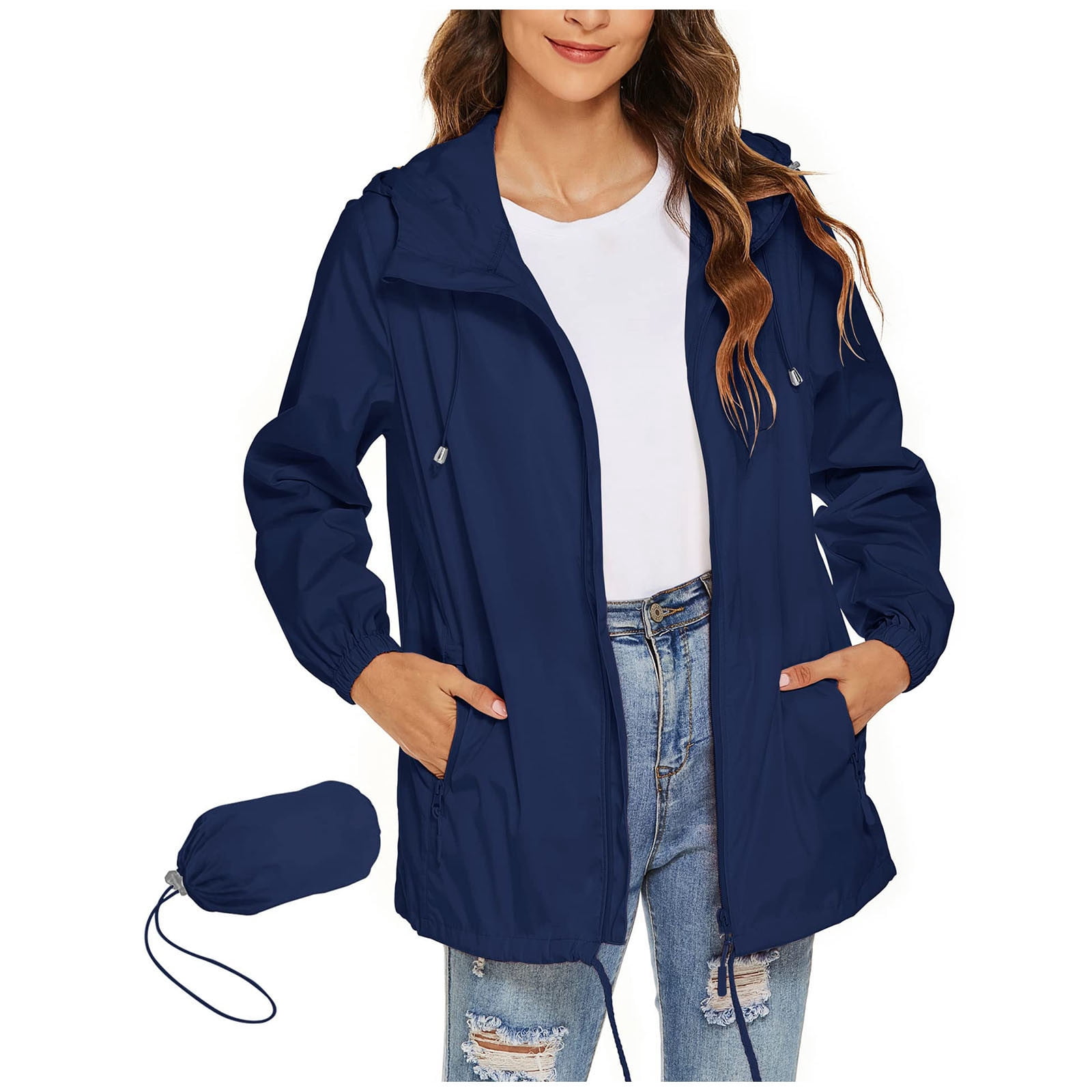 Vestes Légères pour Femmes Bleu Royal avec Capuche Imperméable Automne Hiver Mode TG