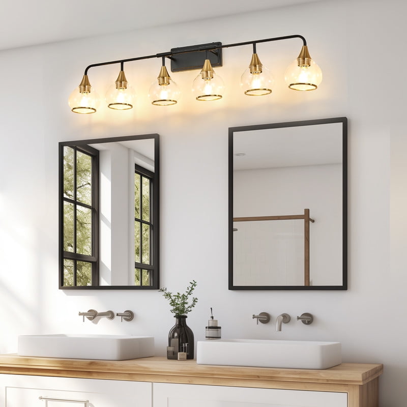 48" Modern Black and Gold 6-Light Bathroom Vanity Light Fixture, Clear Glass Shades Wall Sconce for Mirror, Living Room, or Vanity (Bulbs Not Included)