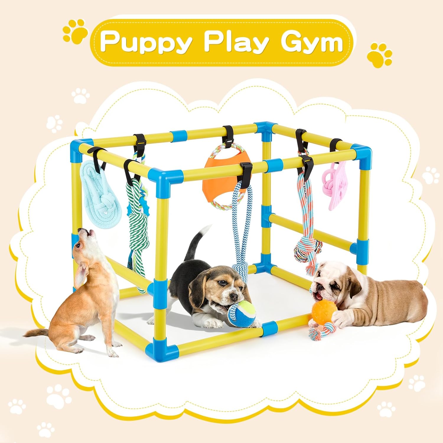 Flymer Puppy Play Gym with 8 Hanging Toys, Jungle Playground Gym for Small Dogs, PVC Frame with Hammock and Funny Enrichment Toys (23x17x17in)
