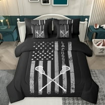 Homewish Lacrosse Game 7-Piece Twin Bedding Sets,Sport Theme Bedding Comforter Set,Gray Black Sheet Sets For Boys Kids,Breathable Home Decor Reversible
