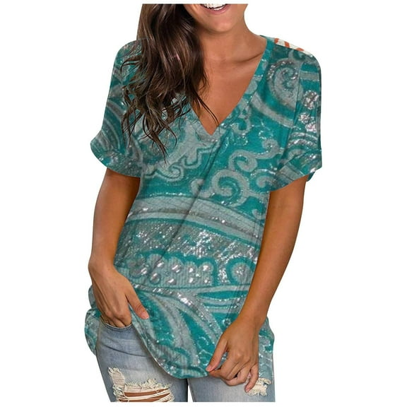 Wenini Shirts for Women Short Sleeve V-Neck Ethnic Style Graphics Summer Basic Tops Vintage Western Print Loose Fit Tshirts Blouse Blue XL