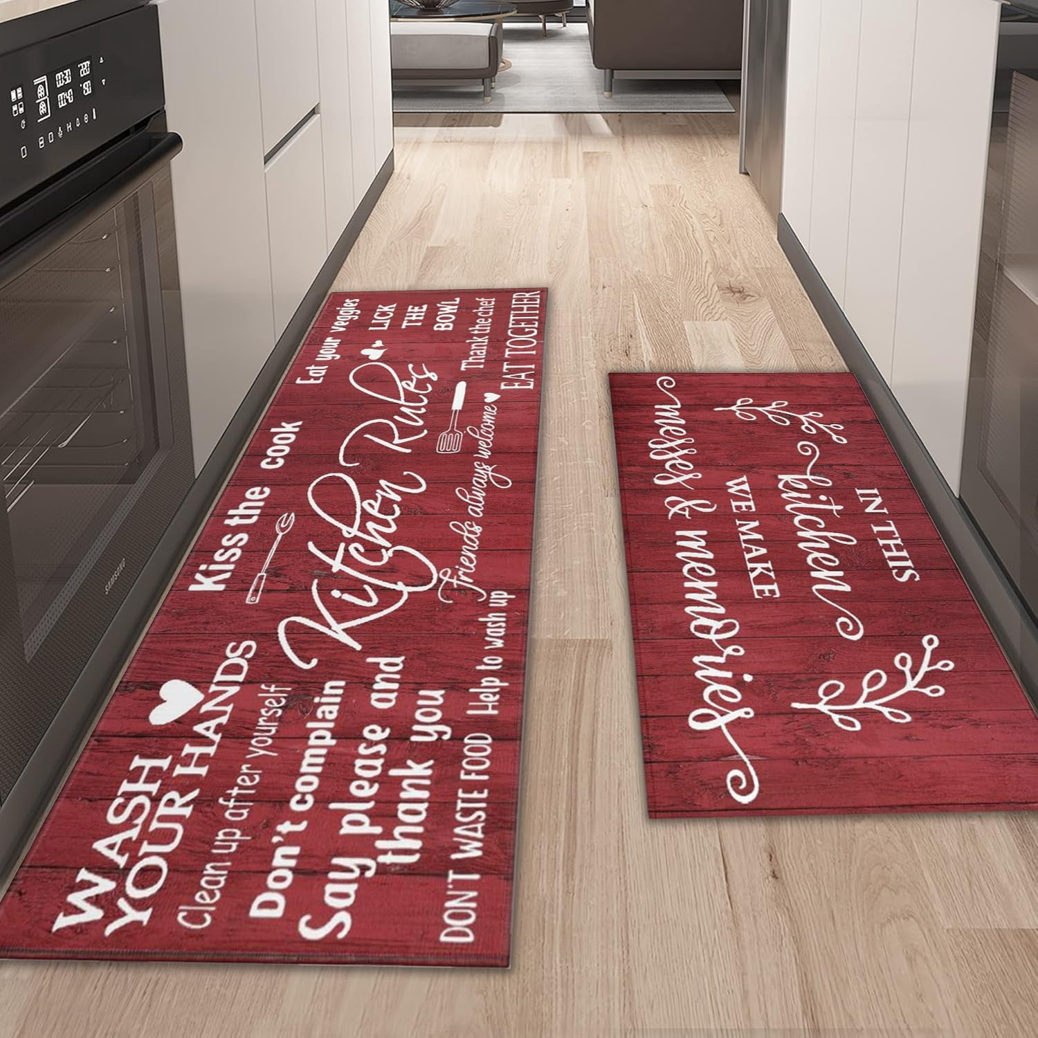 Red Farmhouse Kitchen Rug Sets of 2 Piece Non Slip Kitchen Rugs and Mats Washable Kitchen Mats for Kitchen Floor Mat Carpet Runner Rugs for Hallway Laundry Decor 17”x30“+17'''' X 47''''