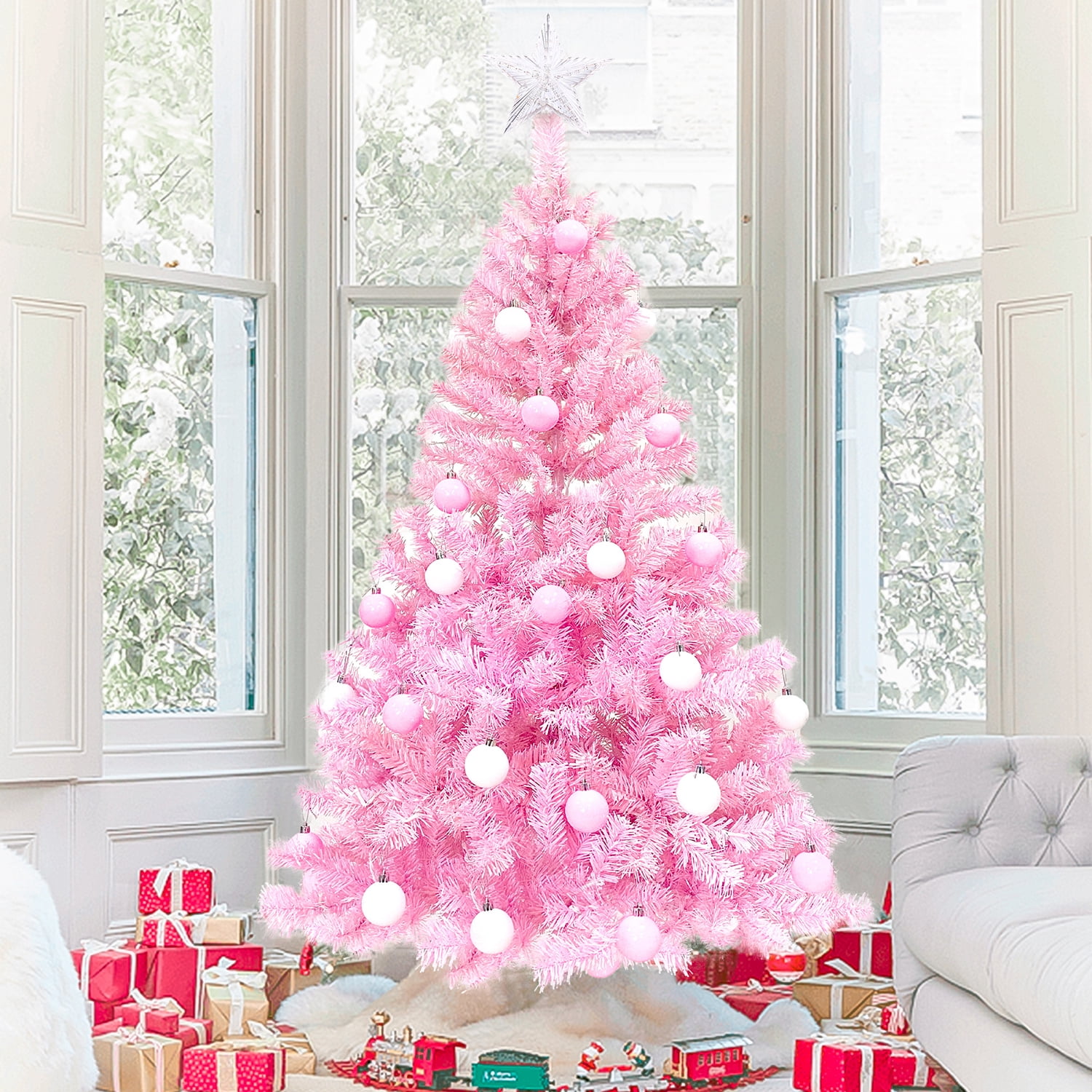 Kadyn Pre-lit Artificial Christmas 2-Piece Set, Xmas Tree 5FT Pink Christmas Tree with 6 feet Garland X-mas, Pink Kadyn Pre-lit Artificial Christmas 2-Piece Set, Xmas Tree 5FT Pink Christmas Tree with 6 feet Garland X-mas, Pink