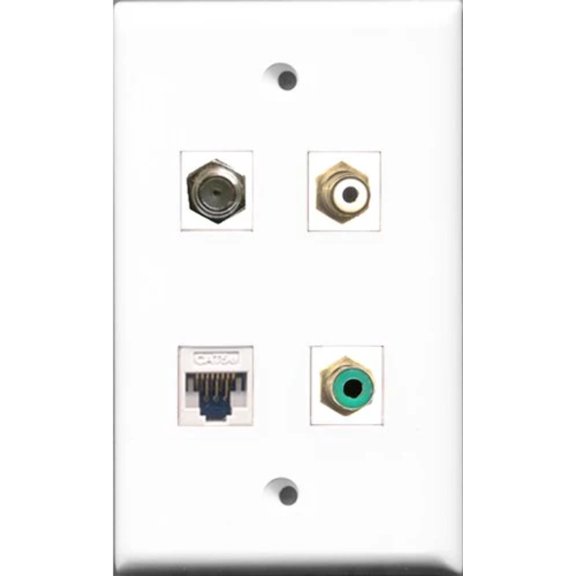 RiteAV 1 Port RCA White and 1 Port RCA Green and 1 Port Coax Cable TV- F-Type and 1 Port Cat5e Ethernet White Wall Plate