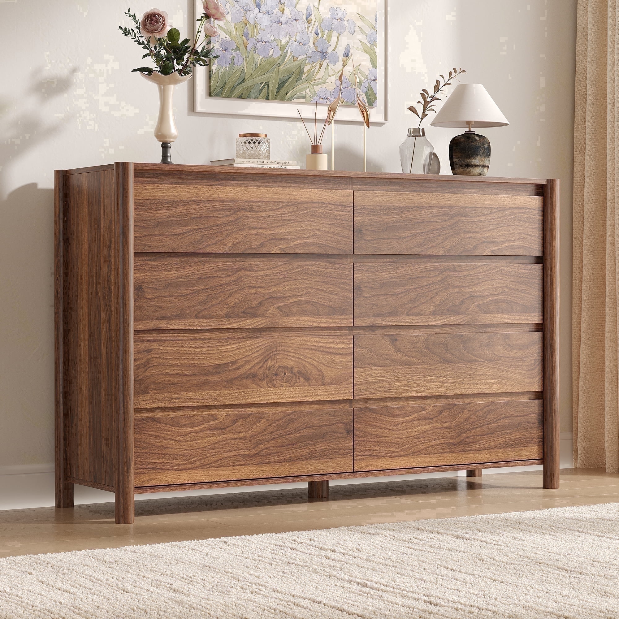 HOUROM Dresser for Bedroom,8-Drawers,55.1" Wide Farmhouse Large Dressers & Chest,4 Solid Wood Legs,TV Stand, Storage Organizer Furniture for Bedroom(Brown)