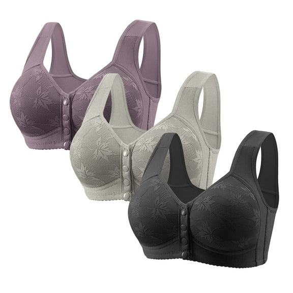3 Pack Front Closure Bras for Women Front Button Closure Bra Full Coverage Bra Senior Front-Closing Wirefree Bra