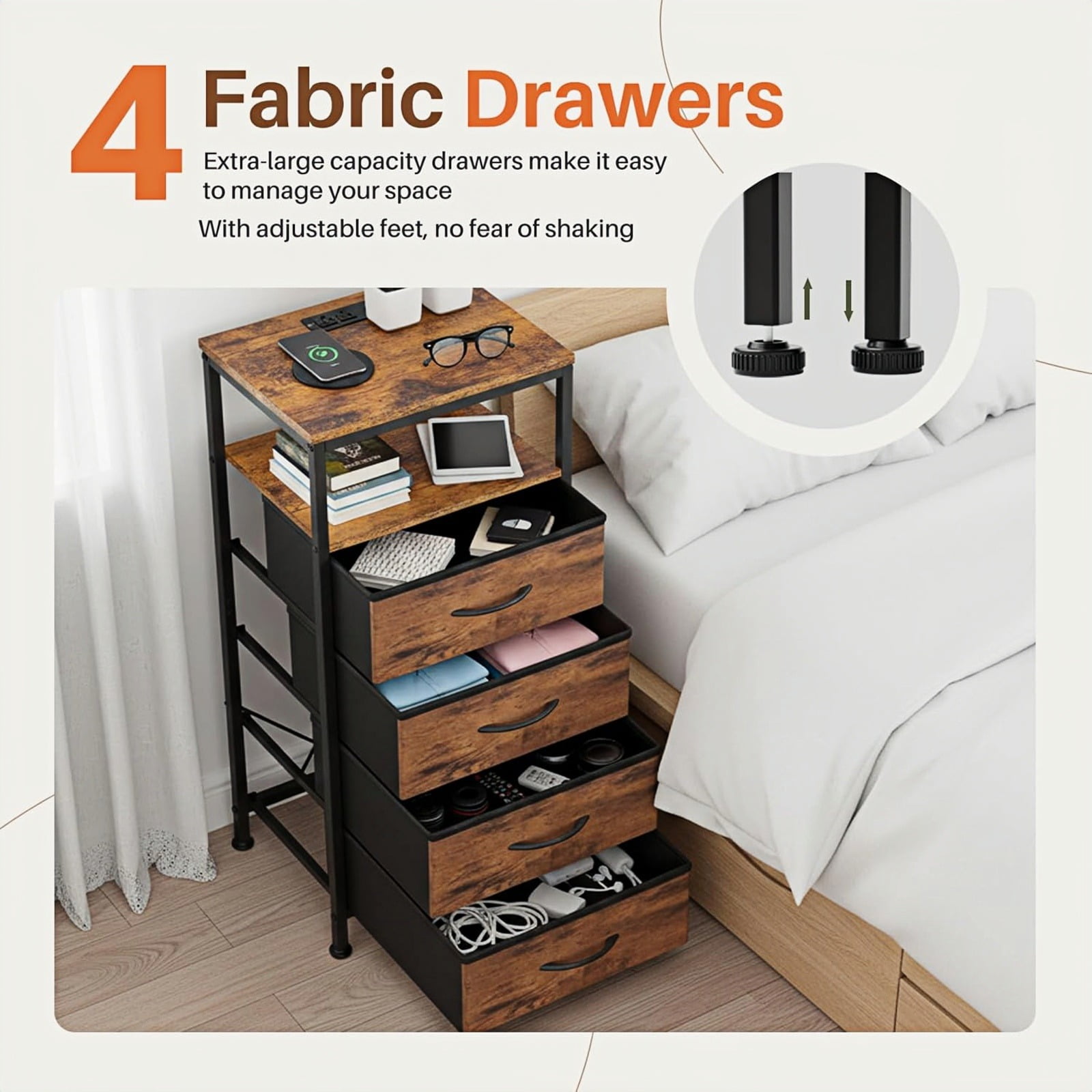 Nextay 4 Fabric Drawers Nightstand with Charging Station, LED Light Strip Bedside End Table with USB/Type-C Ports and Outlets for Bedroom, Rustic Brown