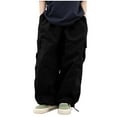 thumbnail image 1 of Kid's Girls Cargo Pants Solid Elastic Waist Drawstring Full Length Pants 3-14 Years Black, 1 of 3