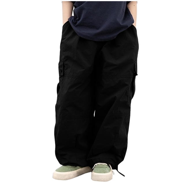 Kid's Girls Cargo Pants Solid Elastic Waist Drawstring Full Length Pants 3-14 Years Black