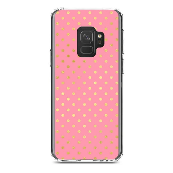 DistinctInk Clear Shockproof Hybrid Case for Samsung Galaxy S9 (5.8" Screen) - TPU Bumper, Acrylic Back, Tempered Glass Screen Protector - Pink & Gold Polka Dot Pattern