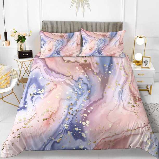 3 Pieces Purple and Pink Marble Bedding Set Marbling Queen Duvet Cover