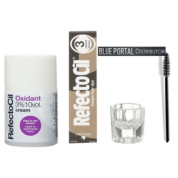 Refectocil KIT - NATURAL BROWN Cream Hair Dye + Creme Oxidant 3% 3.4oz + Mixing Dish + Mascara Brush