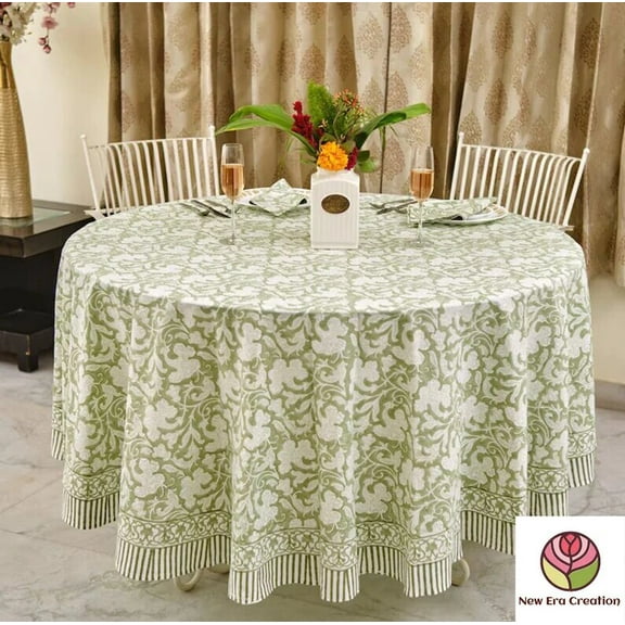 New Era Creation Table Cover And Linen Set,Wedding Decor,Sage Green and WhitenFloral Indian Hand Block Printed Tablecloth with Border Design Gift for Mom