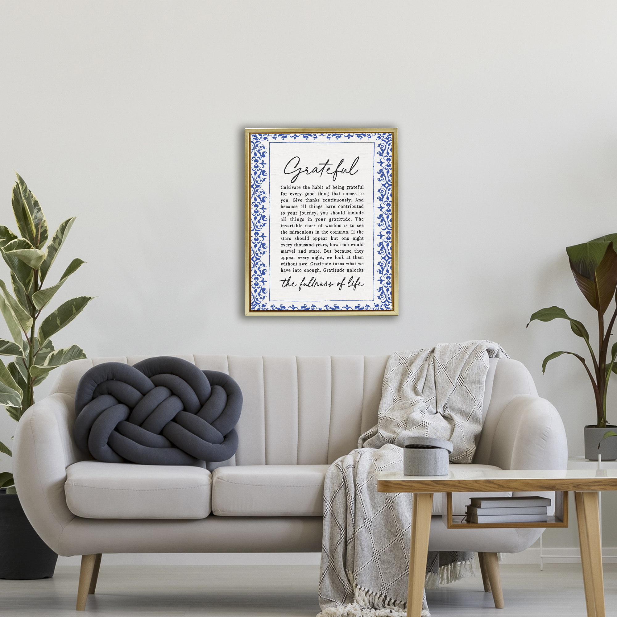 Gratitude Unlocks Fullness Of Life Gold Framed Floater Canvas Wall Art, design by Lettered and Lined