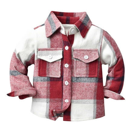 

Toddler Kids Baby Boys Flannel Plaid Shirt Long Sleeve Lapel Button Down Tops Coat Jacket Outfits Fall Winter Clothes Red 3-6 Months