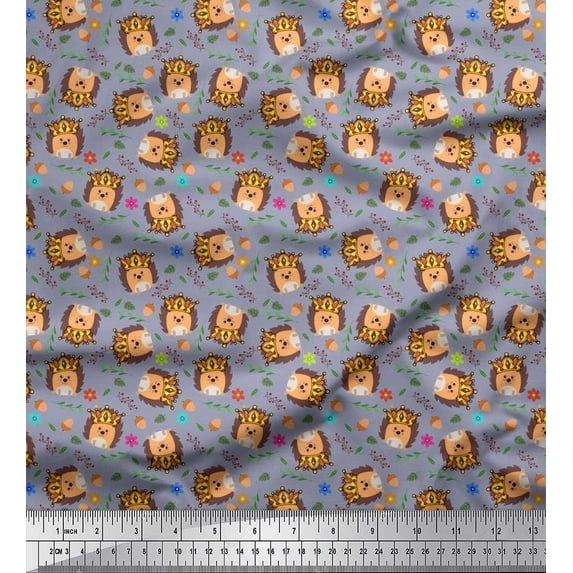 Soimoi Gray Poly Georgette Fabric Leaves,Oaknut & Porcupine Cartoon Print Sewing Fabric BTY 52 Inch Wide